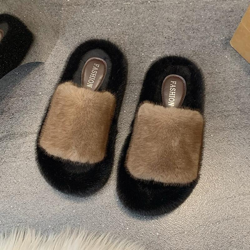 Women Fur Slippers Flats Platform Shoes Short Plush Casual Open Toe Flip Flops 2025 Winter New Slingback Slides Zapatos
