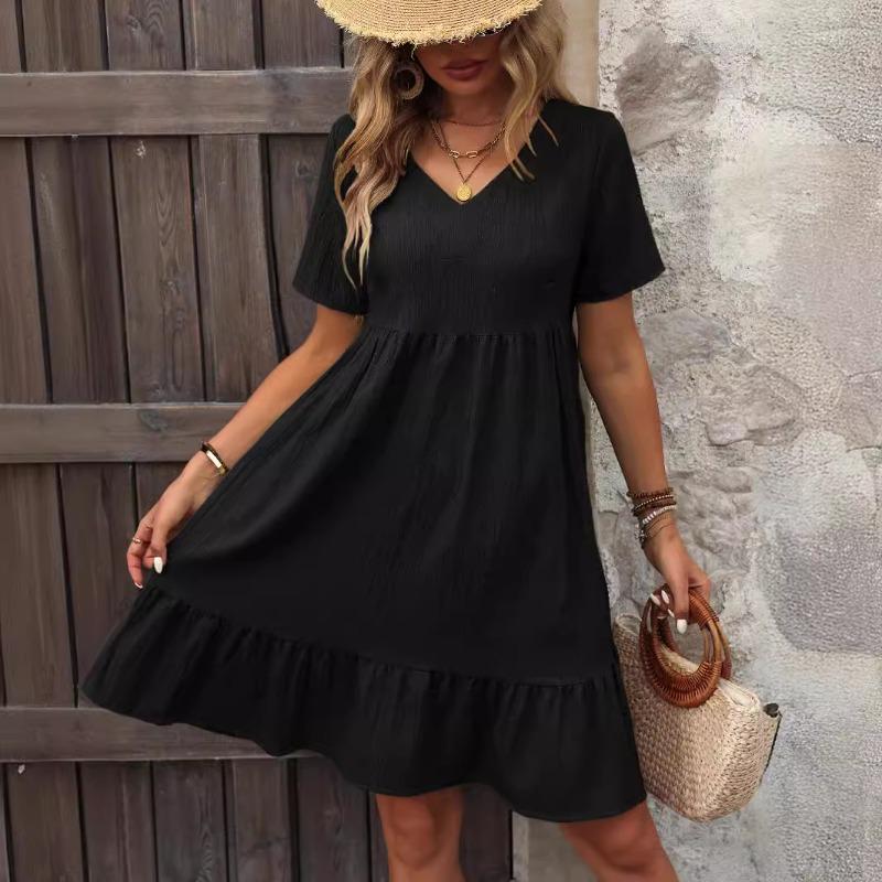 Women's Dress Summer Short Sleeve V Neck Loose Casual A Line Beach Vacation Dress Women Fashion Elegant Pleated Solid Color Ladies Bohemian Dresses