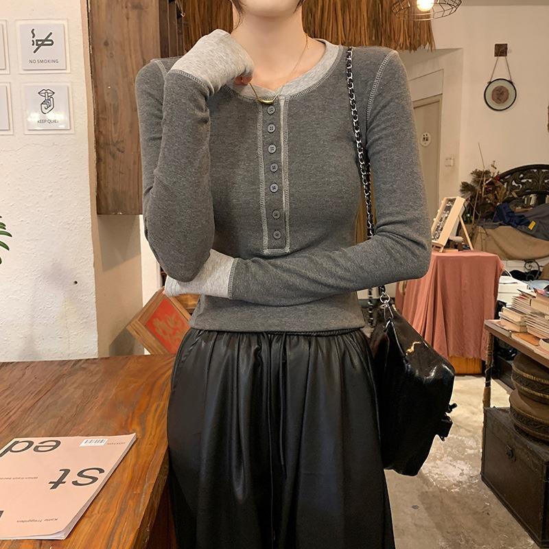 

Vintage front shoulder long-sleeved shirt women s spring contrasting color single-breasted slim-fit Spice Girl inner top base S серый