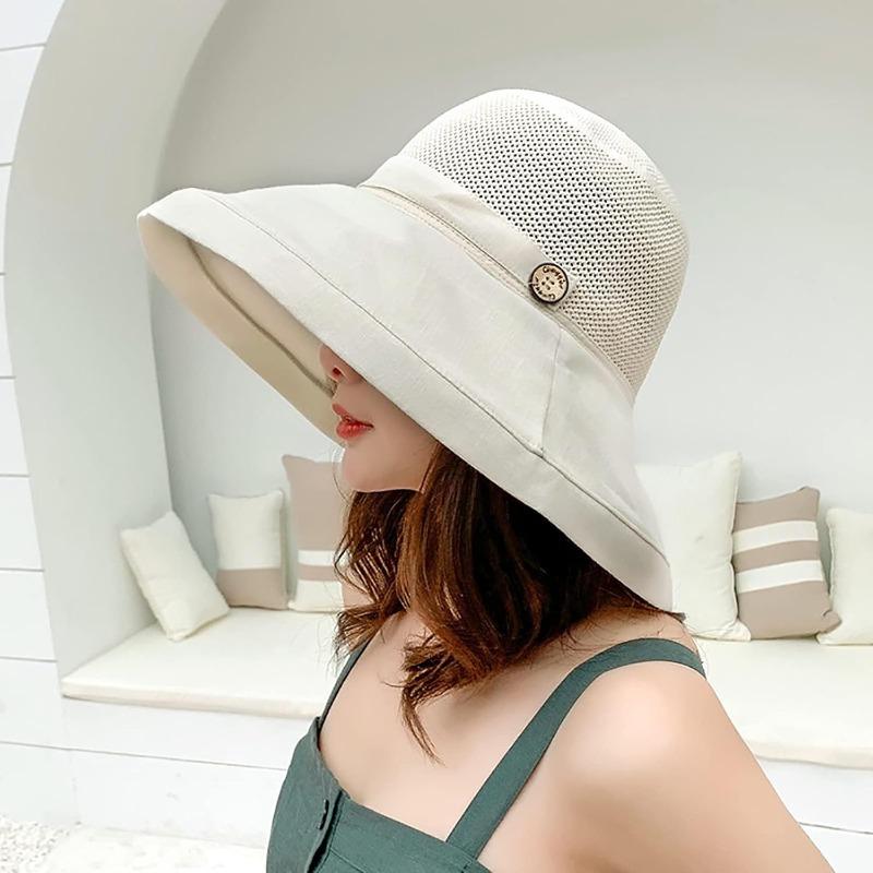 1pc Women Mesh Sun Hats with Wide Brim,Beach Hiking Summer Wide Brim UPF Outdoor Protection Multi-functional Foldable Bucket Hat