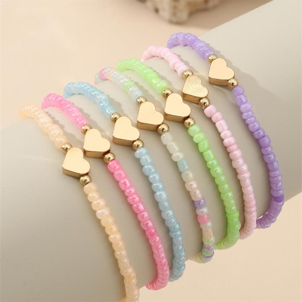 7Pcs Colorful Rice Beads Bracelet Peach Heart Beaded Bracelet Fashionable Love Heart Stacked Hand Zircon Gift for Women Girls