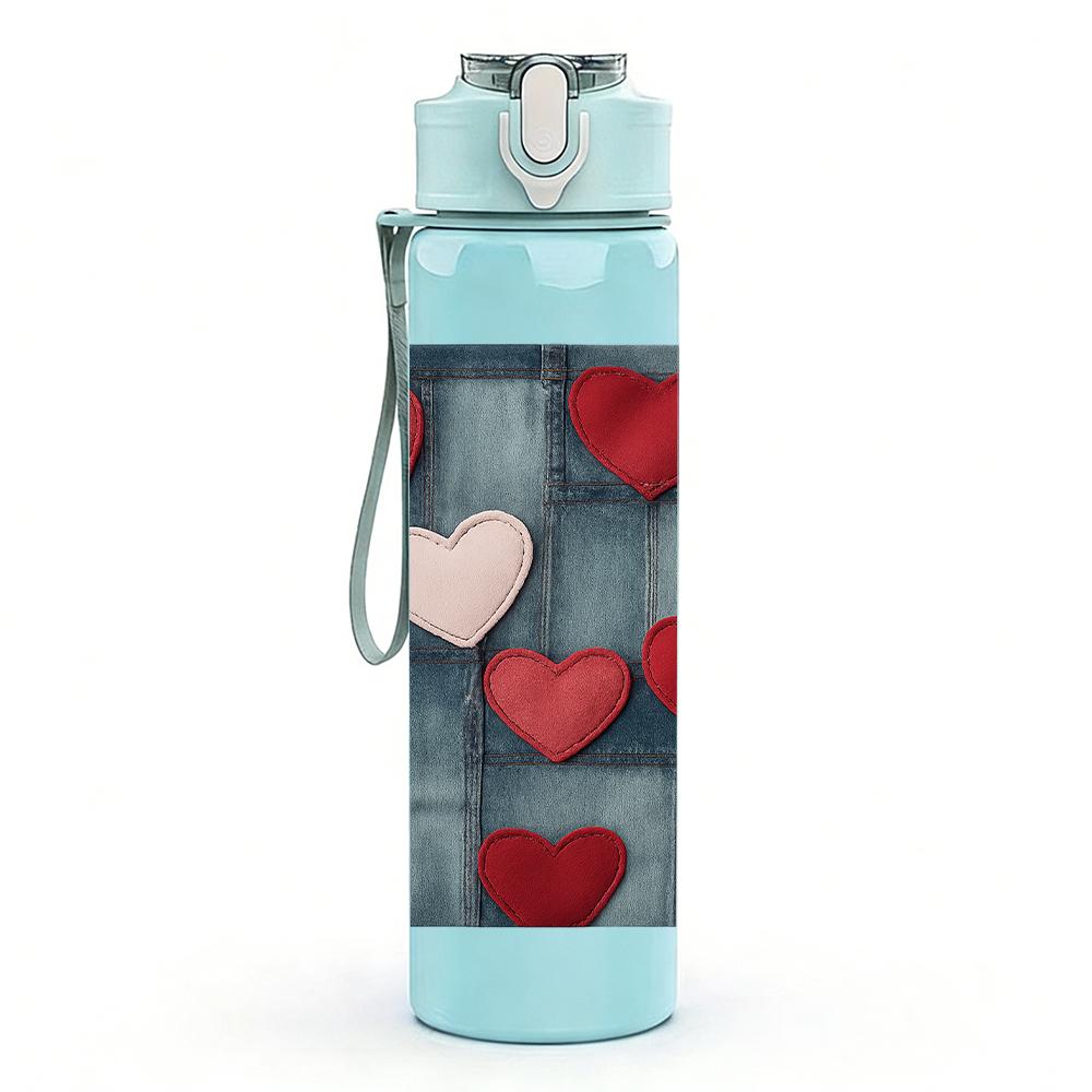 1PC Red Heart Grid Texture 750ml Color Plastic Sports Water Bottle Leakproof Flip Straw Lid For Sports Office Home Use