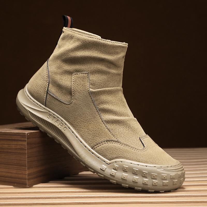 Men's Boots High Cut Workwear Shoes Autumn New Zipper Pleated Non Slip Comfort Thick Soled Wear-resistant Fashion Flat Boots
