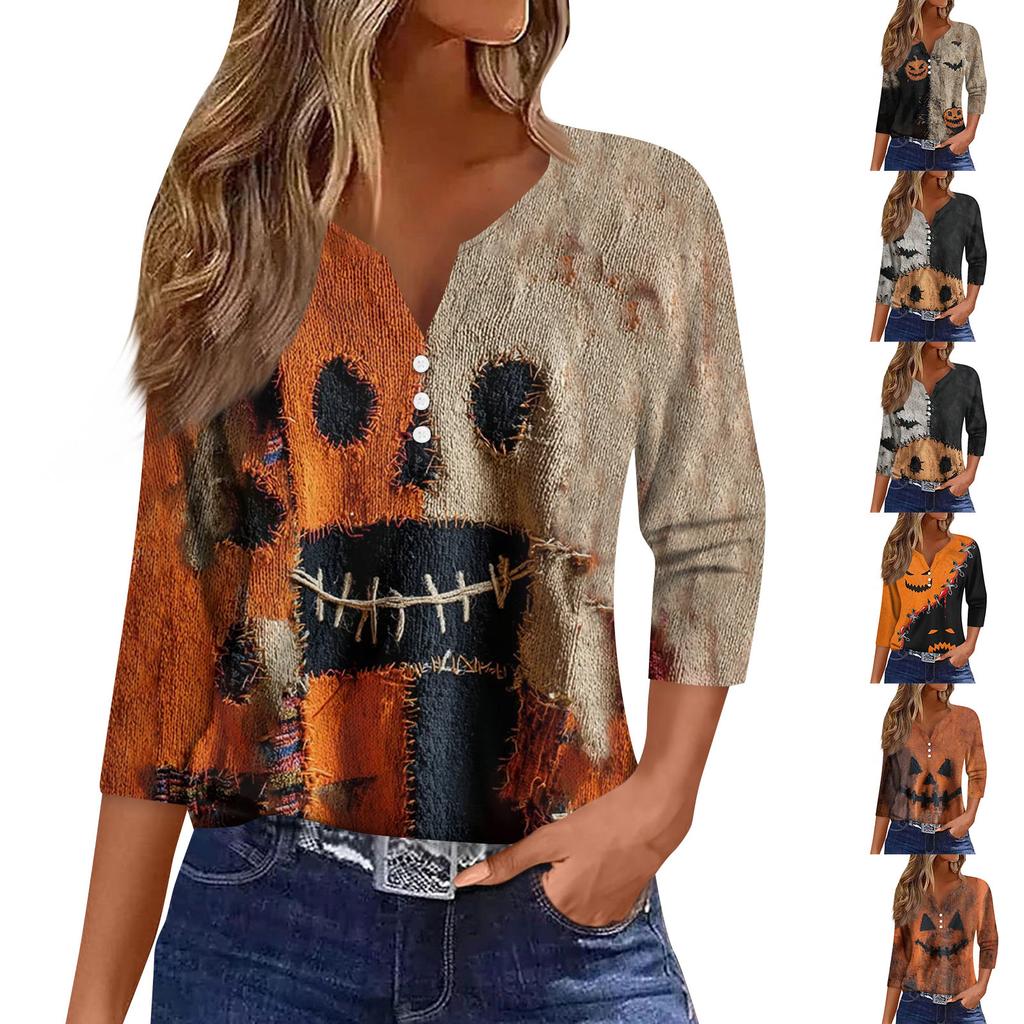 Women's Fashion Button-Up V-Neck Three-Quarter Sleeve Halloween Print Top