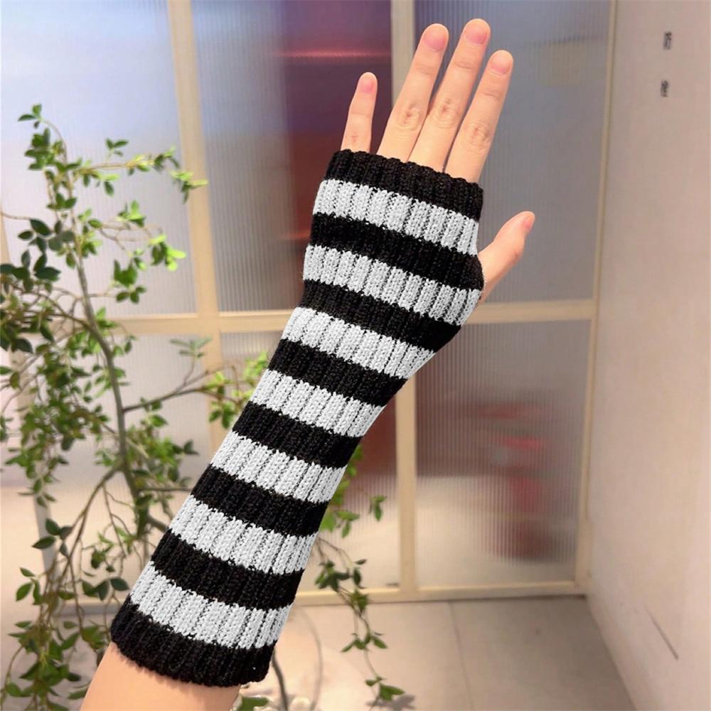 A Pair Women's Fashionable Striped Fingerless Mittens Girls Long Knit Gloves for Warmth Winter Glove