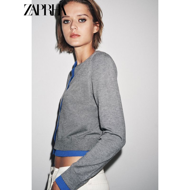 Zaprha 2025 Fall New Arrival Women Round Neck Long Sleeves Rib Stitching Decorative Layer Knitting Cardigan Outwear 3581005