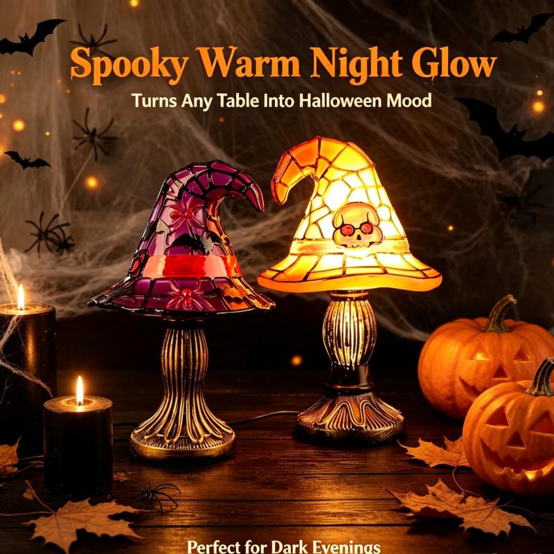 Creative Resin Spider Witch Hat Shape Atmosphere Night Light Stained Glass Decorative Lamp For Halloween Party Bedroom Decor