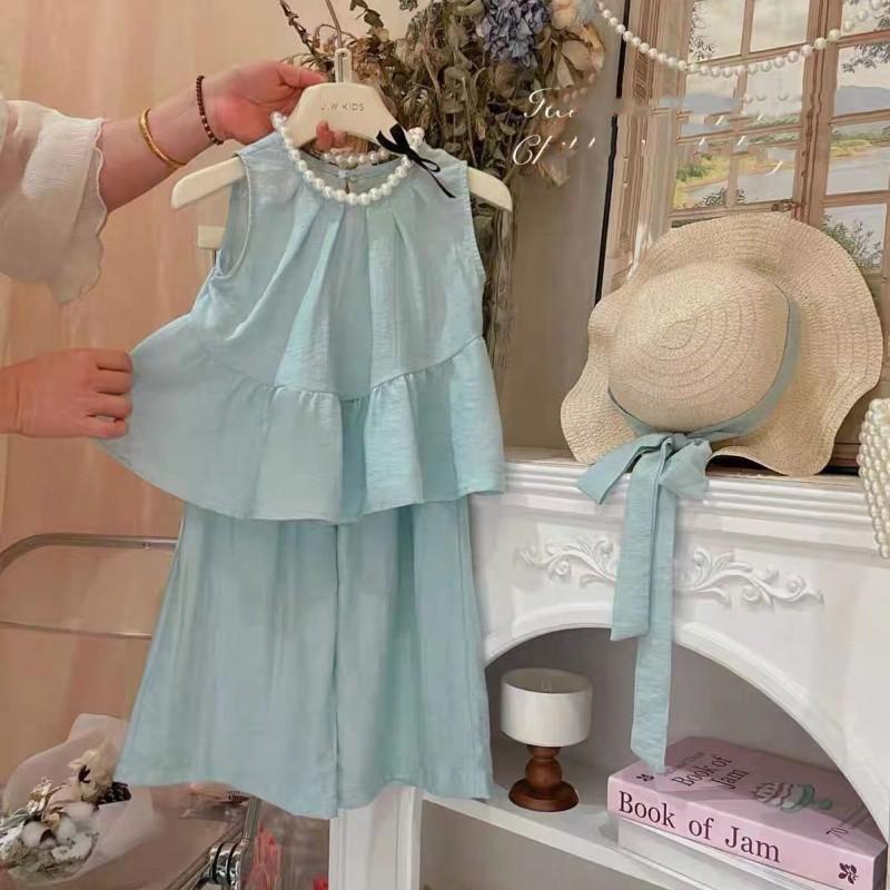 

Trendy 2024 Girls Two Piece Summer Set Featuring Ruffle Sleeveless Blouse And Pants 100cm/39.37in синий