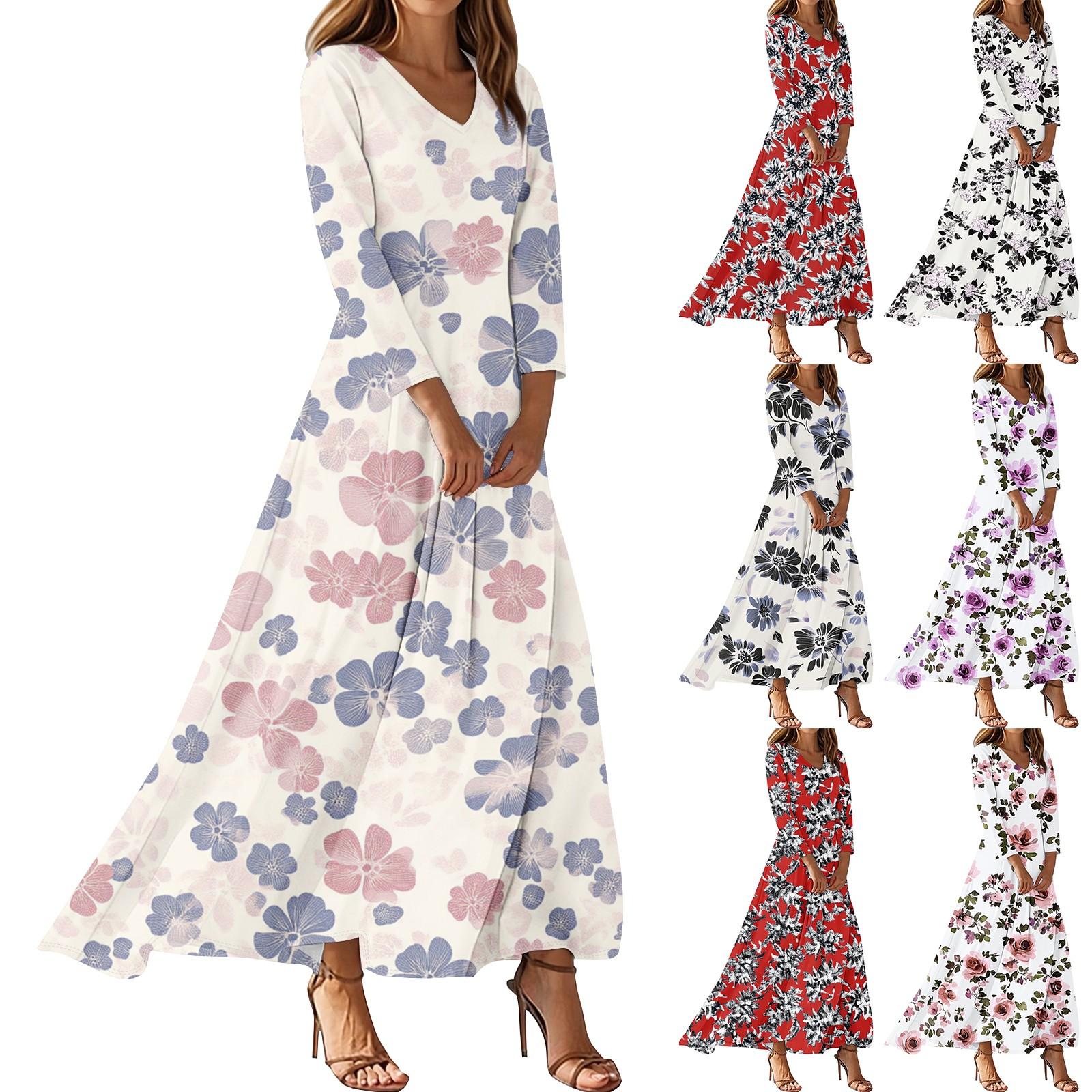 

Women s Casual 3/4 Sleeve V-Neck Floral Print Maxi A-Line Beach Dress XXL