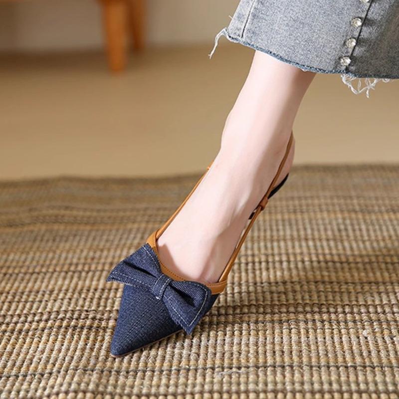 Fashion Denim Blue Summer High Heel Women's Sandals Fashion Mules for Ladies Butterfly-Knot Party Dress Shoes