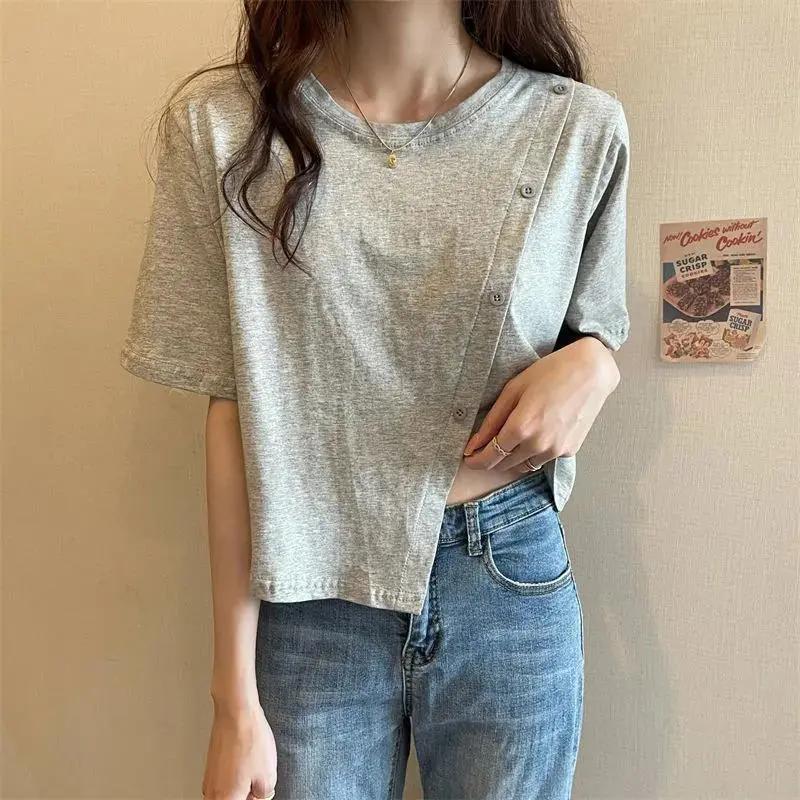 

Women s Summer Design Short-Sleeve T-Shirt Solid Color Exquisite Split Hem Cropped Top 2XL сірий