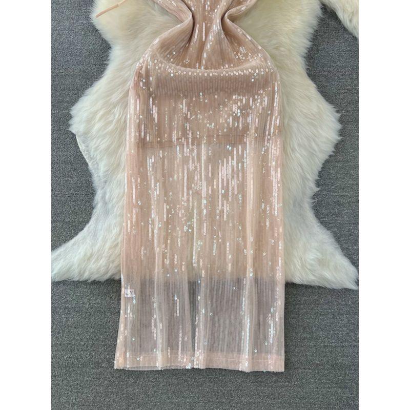 Accessible Luxury Socialite Open Back Glitter Dress Halterneck