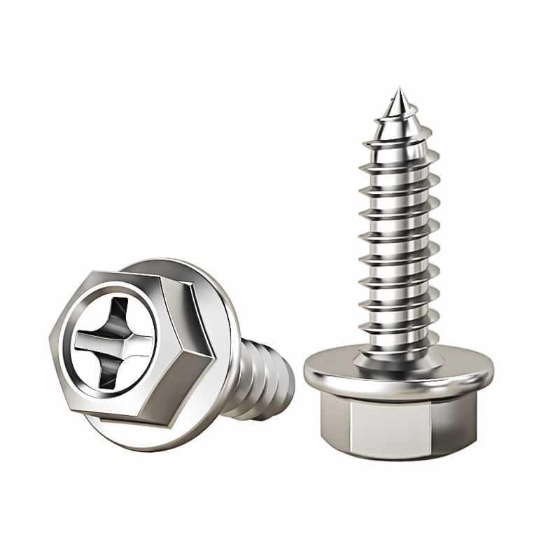 304 Stainless Steel Hex Head Self-Tapping Screw with Washer & Countersunk Tip for Wood - Sizes M3, M4, M5, M10