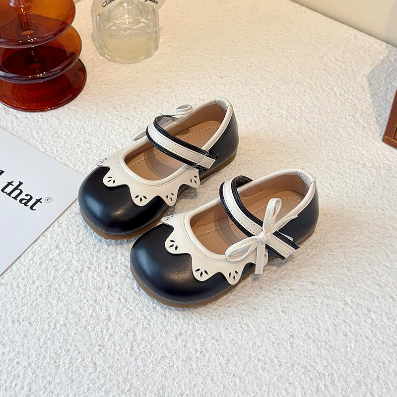 Kids Leather Shoes Round Toes Non-slip Girls Flat Shoes Soft Sole Ins Trendy 2025 New Children Flat Shoes Side Bows Sweet Cute