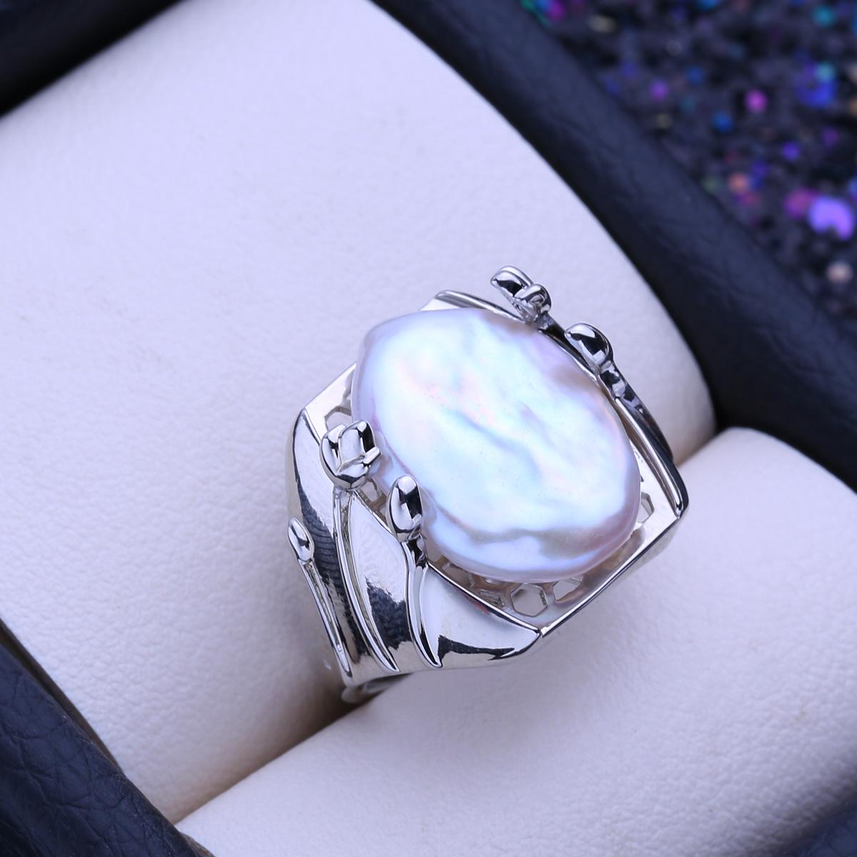 

LSOOYH натуральный пресноводный большой барочный жемчуг кольца для женщин классическое серебряное обручальное кольцо подарки на день рождения adjustable белый