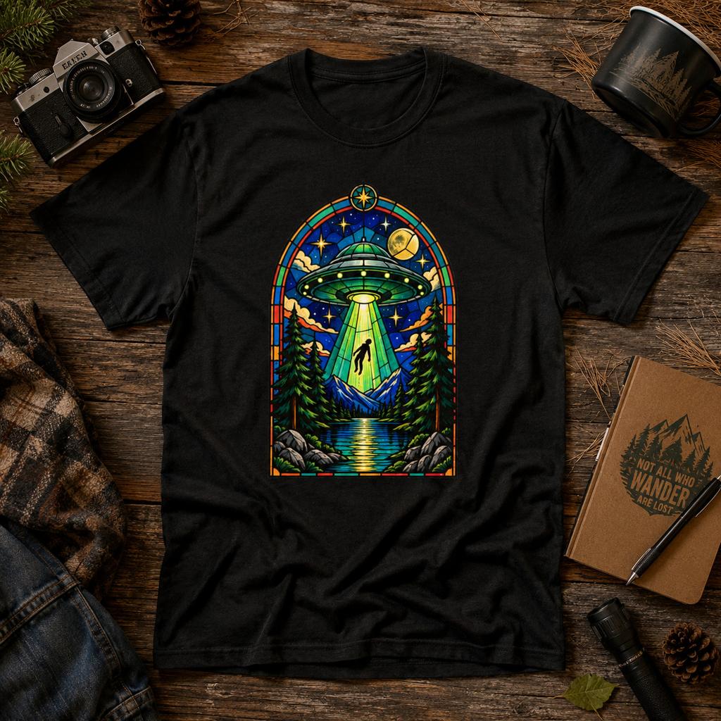 Stained Glass UFO Abduction T-Shirt | Alien Beam, Night Sky, Forest