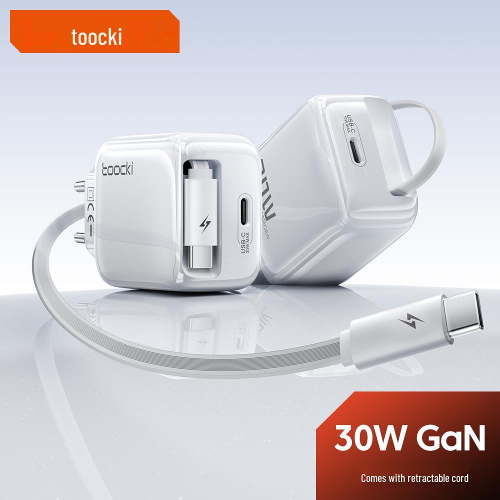 Tuqi 30W GaN Mini Folding Charger with Built-in Retractable Cable for Fast Charging Huawei & Apple Devices