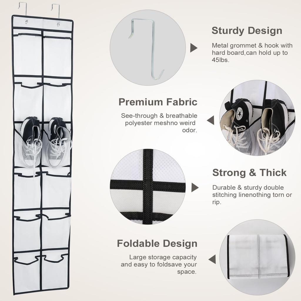 12 Large Pockets Over Door Hanging Shoe Organizer, White