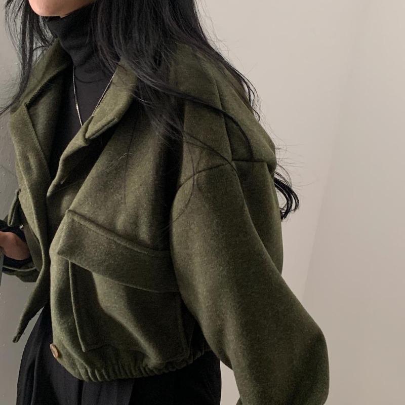 Autumn and Winter Fashion Stand-up Collar Women Short Coats Loose Casual Long Sleeve Office Shirt Ladies Elegant Simple Pockets Jackets Clothing
