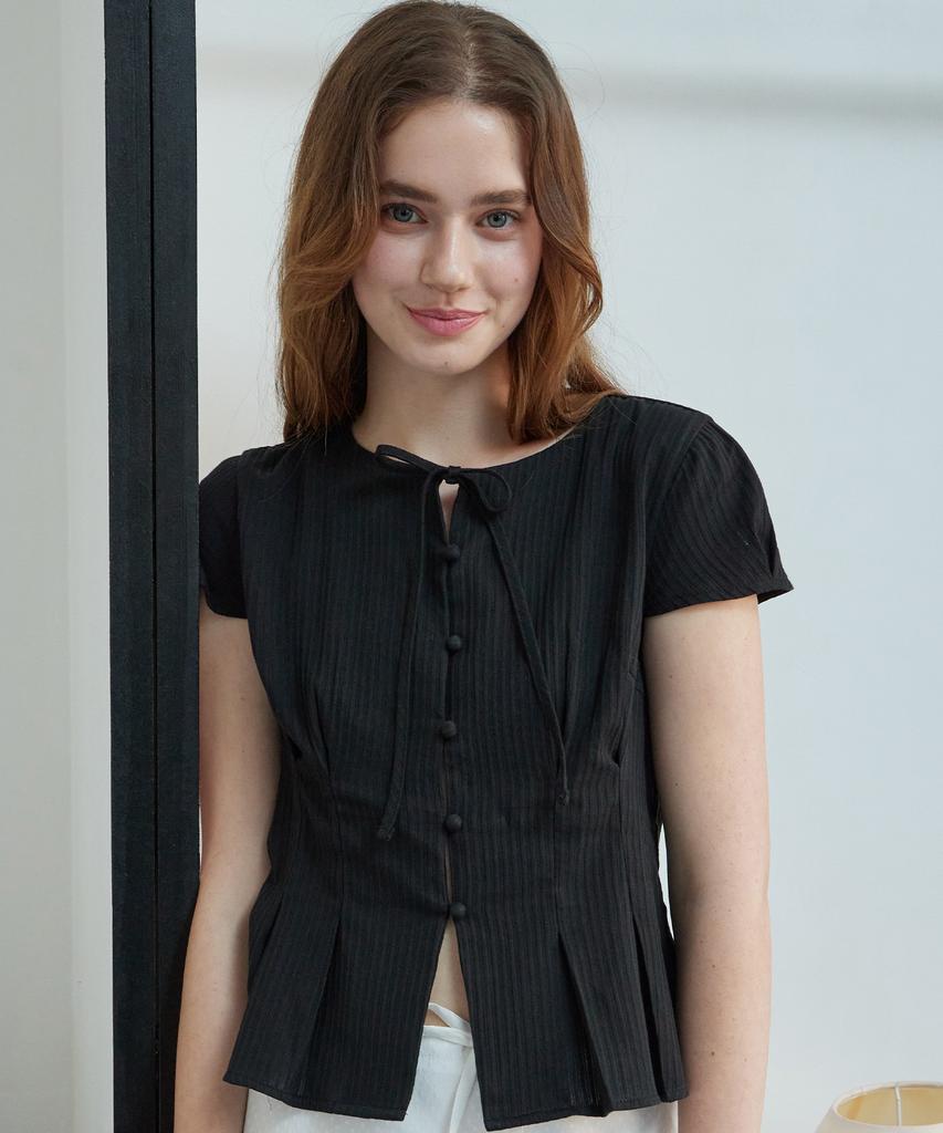 ITOV SEOUL Double Tuck Ribbon Cotton Blouse Black