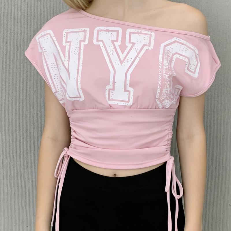 

European and American summer sloping shoulder off shoulder letter printed waist cinched drawstring pleated top L рожевий