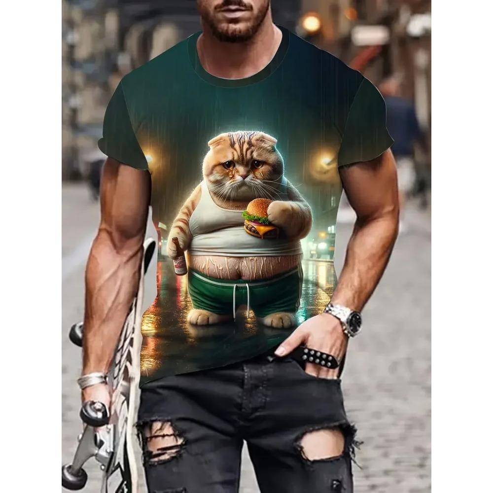 Summer Round Neck 3D Print Funny Cat Pattern Top Fashionable Casual Short Sleeved Men's T-shirts