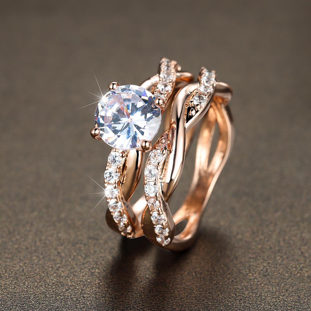 2Pc/Set Women's Dainty Rose Golden Color Twist Round Cut White Zircon Ring Set Bridal Engagement Ring Wedding Band Anniversary Gift