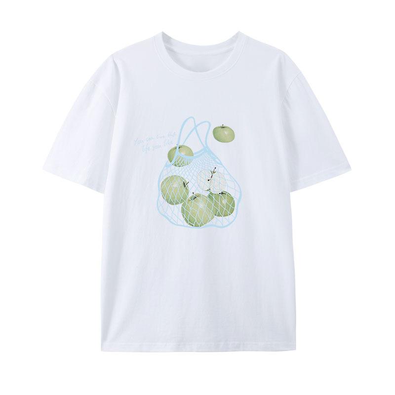 

Green Apple Printed Women s Short Sleeved T-shirt New Woman Round Neck Fashionable T-shirt Summer Casual Loose and Comfortable Female Pullover S білий