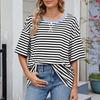 Women T-shirt Loose Fit Striped Print Round Neck Short Sleeve Tee Tops Elastic Fit Summer Pullover Tops