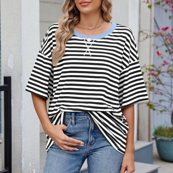 Women T-shirt Loose Fit Striped Print Round Neck Short Sleeve Tee Tops Elastic Fit Summer Pullover Tops