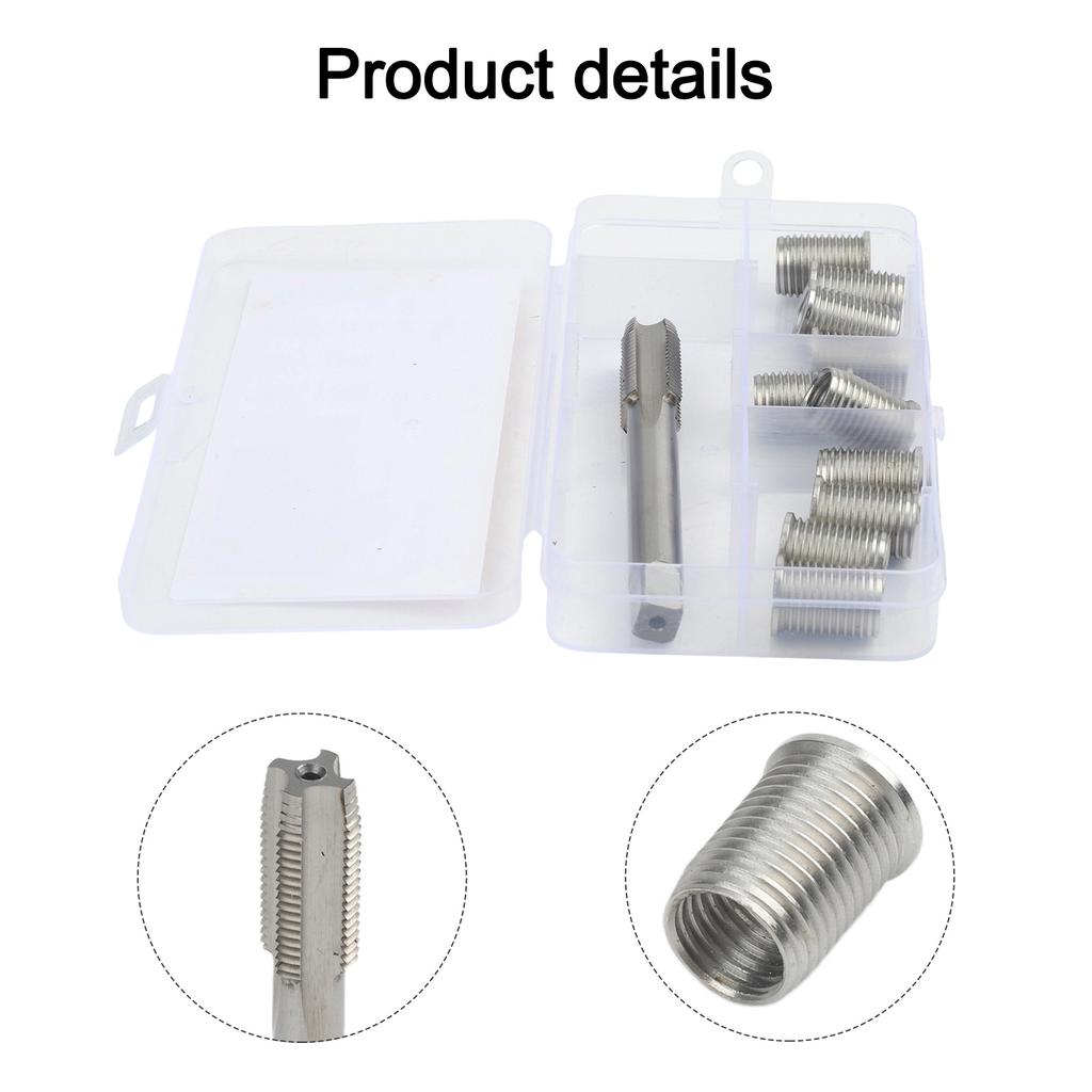 11pcs M10X1.25 Thread Repair Kit with Precision Cut Tap and Galvanized Stainless Steel Inserts for Fixing Damaged Threads
