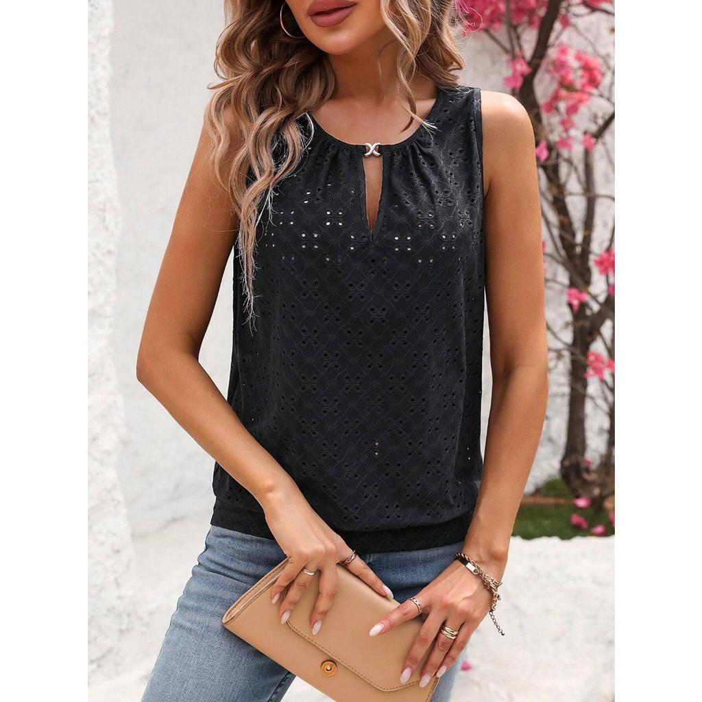 Dame Elegant Ermeløs Vest - Semi-gjennomsiktig Rund Hals Lett Topp, Medium Stretch Casual, Ermeløst Sommerfuglmønster, Ikke Gjennomsiktig