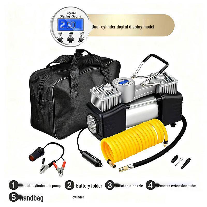 Dual Cylinder Car Air Pump, 150W - High Pressure, Multi-Function, Auto Fill & Stop for Sedan Tires.