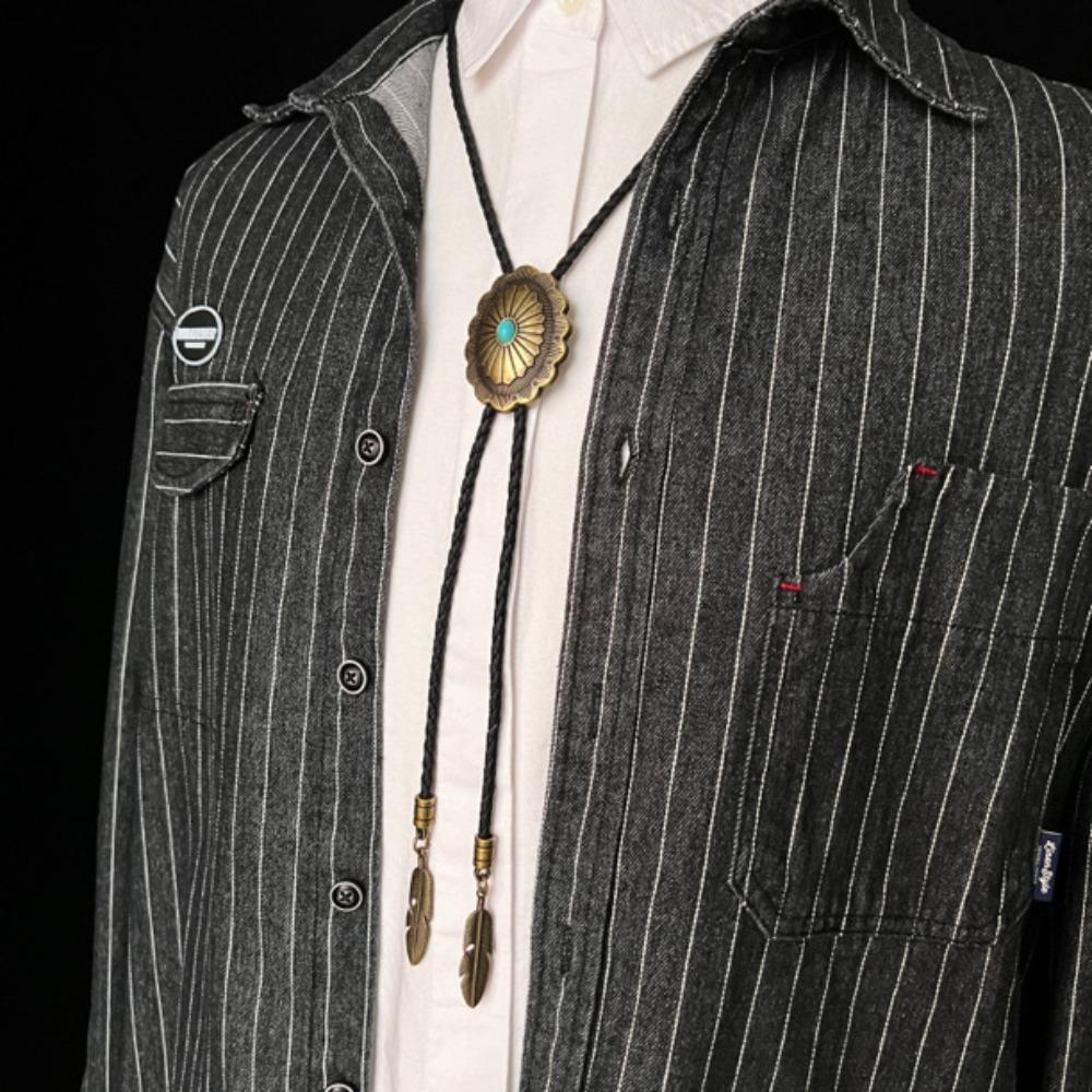 PU Woven Rope Turquoise Bolo Tie Western Country Style Brass Carved Flowers Necktie  Men