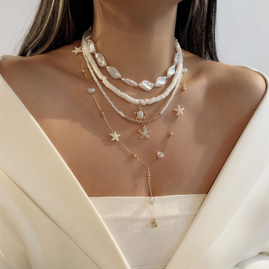 Boho Festival Layered Necklace Set for Women Starfish Y Lariat Drop Deep V Choker Luxury Summer Beach Vacation Jewelry Gift
