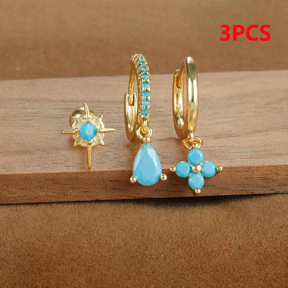3PCS Stainless Steel Cubic Zirconia Water Drop Hoop Earrings Set For Women Simple Huggies Blue Star Cartilage Piercing Jewelry