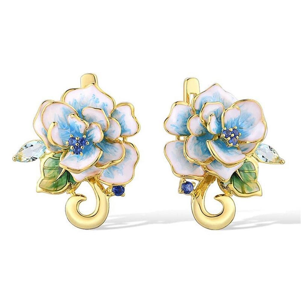 

Cute Female White Blue Enamel Flower Hoop Earrings Vintage Fashion Gold Color Wedding For Women