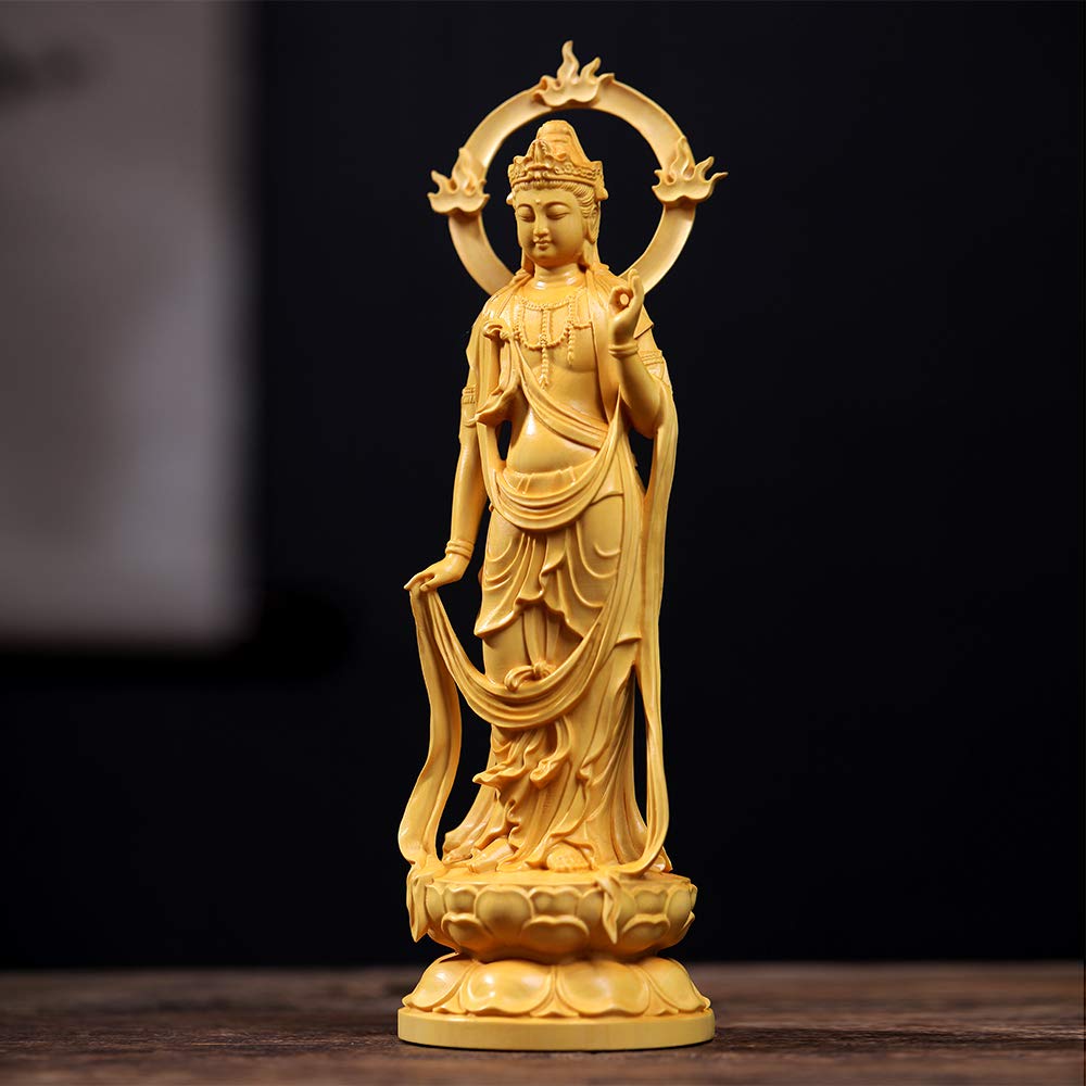 FunLo Traditionelle Kunstschnitzerei Buddhistische Statue, Seishi Bodhisattva, Holzschnitzerei, Schutzgottheit, Feng Shui, Viel Glück, Handgeschnitztes Buchsbaum (23cm H x