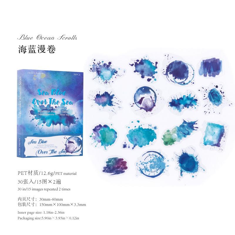 30 pcs/pack Watercolor splashes Style PET Stickers Adhesive Diy Hand Account Diary Album Scrapbooking Junk Journal Supplies
