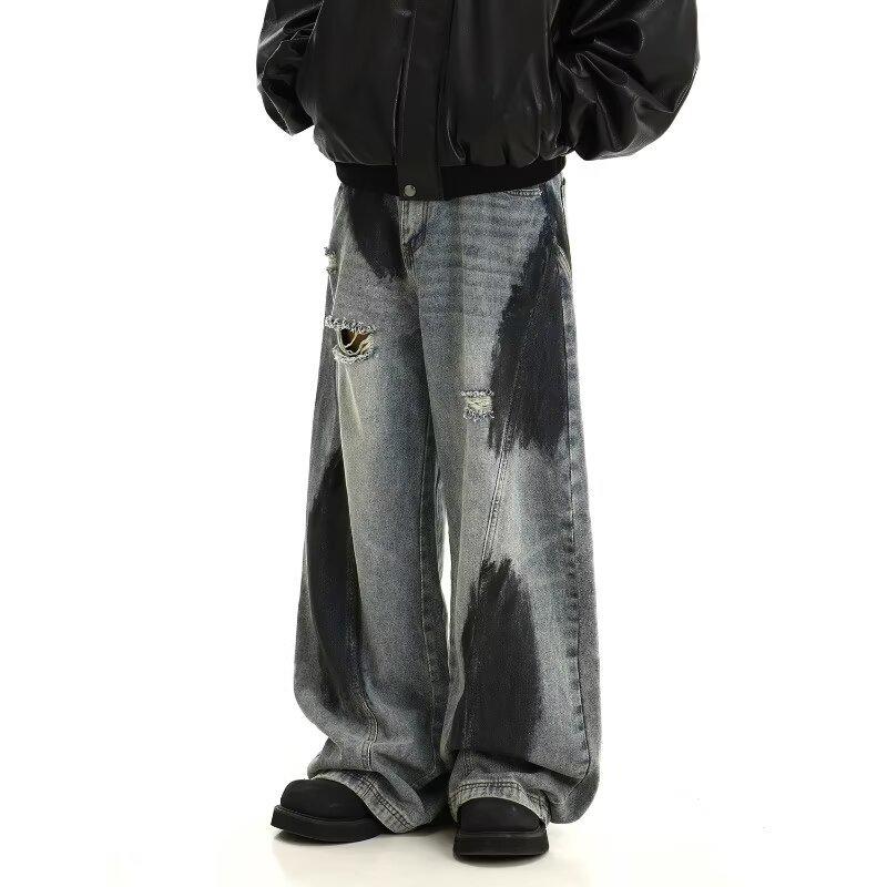 

Unisex Retro Distressed Graffiti Washed Ripped Jeans - Loose, Versatile, Wide Straight Leg Pants 2XL синий
