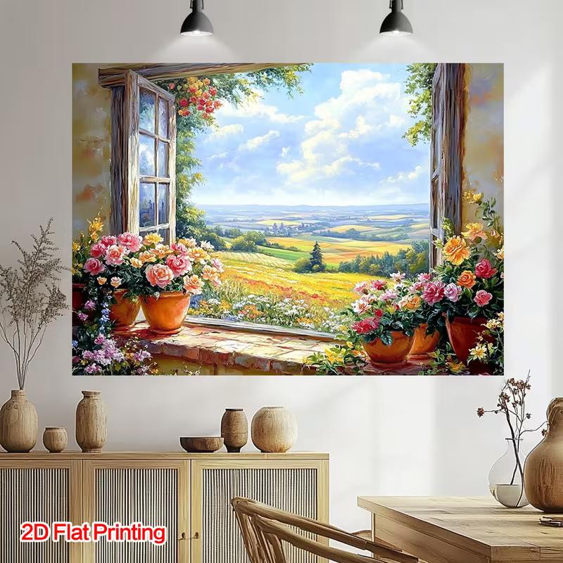 2D Oil Painting Window Backdrop, Flower Pot & Meadow Photography Background