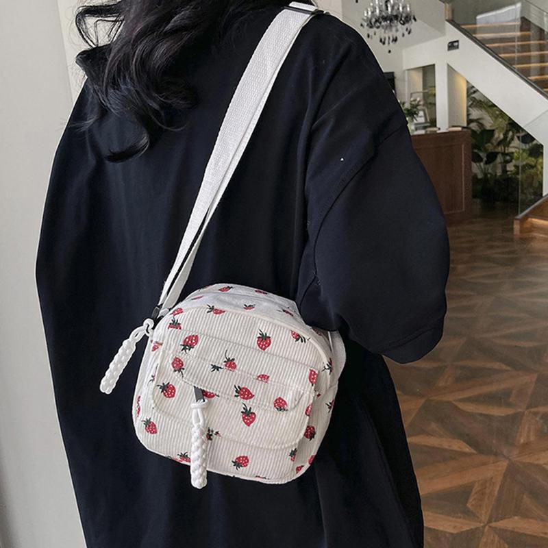 Cute Strawberry CorduroyShoulder Bag Casual Zipper Trendy Crossbody Bag Tote Handbag for Women Girls Travel Work Messenger Bag CLE