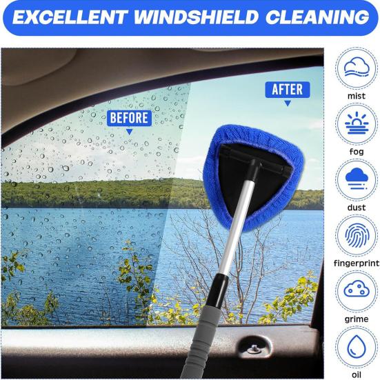 Car Windshield Cleaner Tool with Extendable Handle & Microfiber Pad Easy Grip