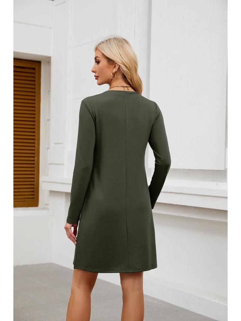 2024 Women's Casual Long Sleeve Slit Hem Dress with Round Neck