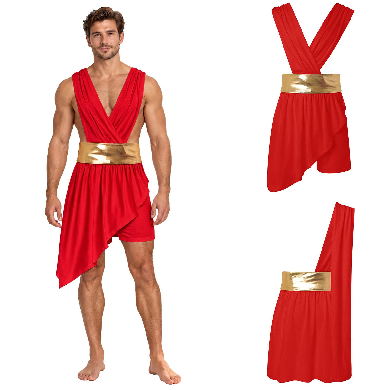 Herren antikes griechisches Cosplay-Outfit gerafftes wallendes Gewand mit integrierter Hose metallischer Gürtel für Halloween Maskenball S rot