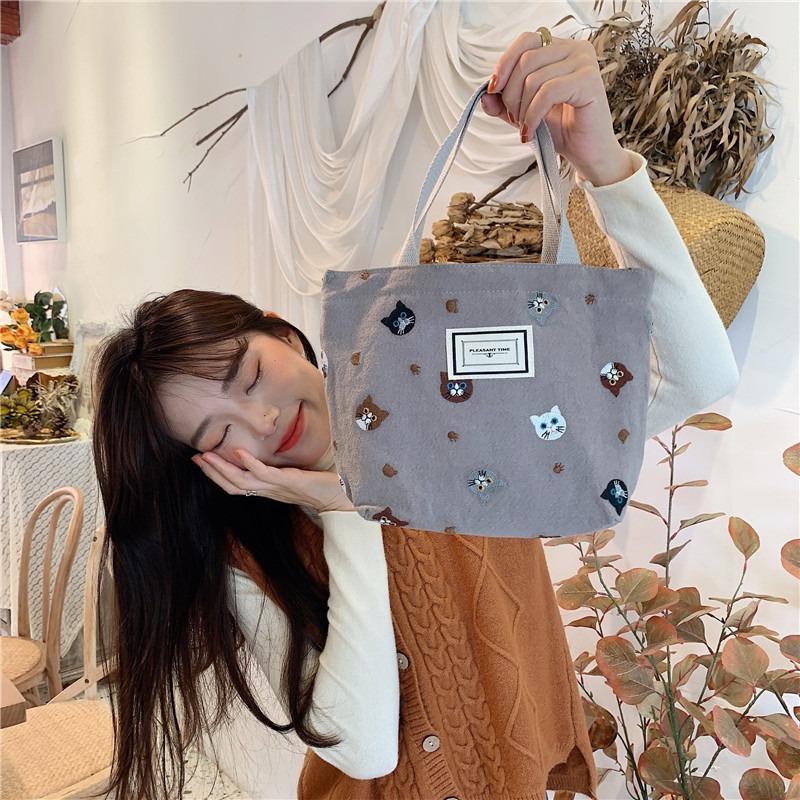 12 Embroidered Cat Handbag Literary Cute Bento Bag To Work Students Carry Small Cloth Bags