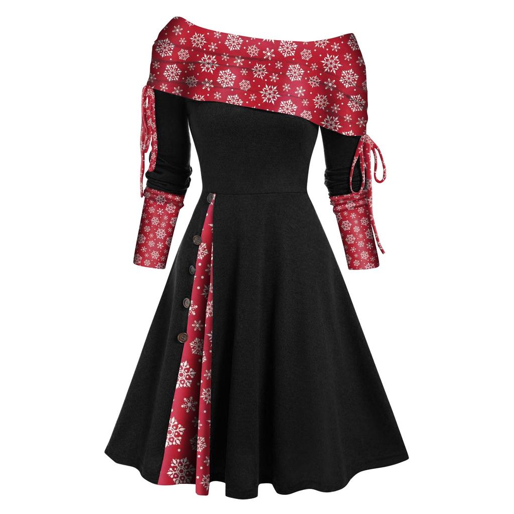 Convertible Neck Cinched Striped Flare A Line Dress Long Sleeve Dress For Women