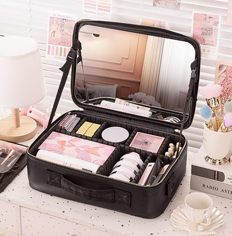 PU Leather Waterproof Multifunctional Cosmetic Storage Case With Mirror Lipstick Jewelry Make-Up Brush Organize Deposit Box