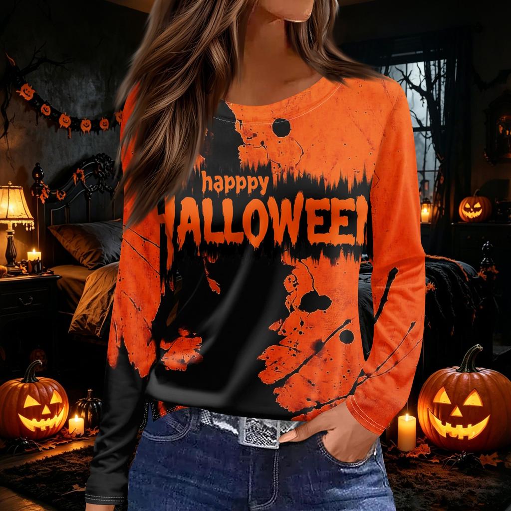 Women's Halloween Print Long Sleeve Top with Side Slit Round Neck for Casual Everyday Wear