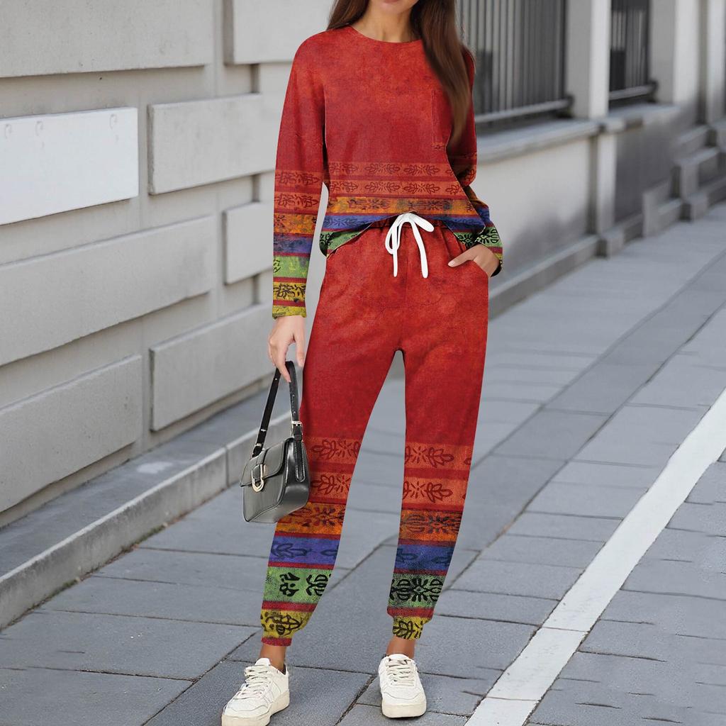 Sets For Women 2 Piece Round Neck Long Sleeve Shirts Printed Sweatpants Pocket Sets